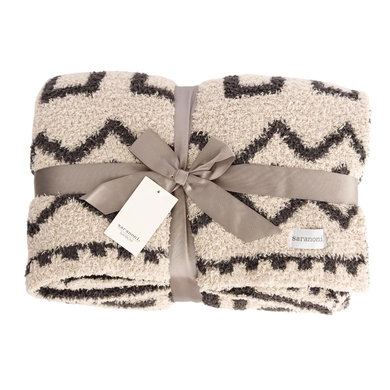 Saranoni Mudcloth Throw Blanket Soft Plush Double Layer Cream Black 50"x60"