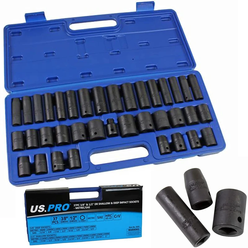 Bergen 37PC 3/8 & 1/2" DR Impact Socket Set - Metric & SAE B1458