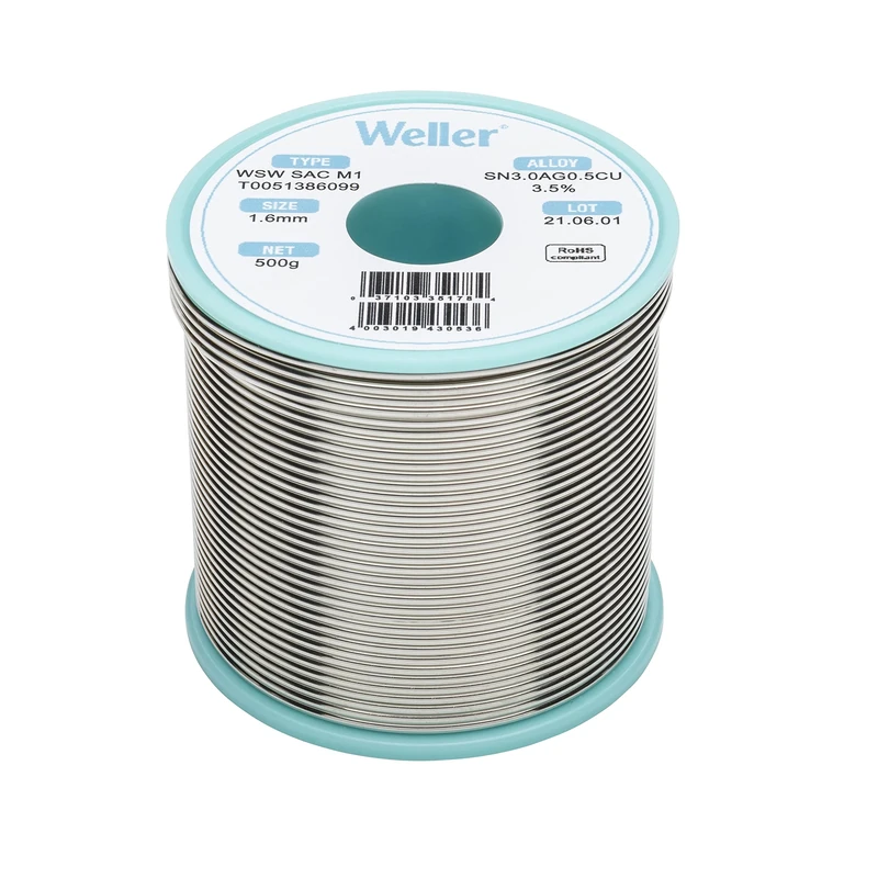 Weller WSW SAC M1 (T0051388199) Lead Free Solder Wire, Ø 0.3mm, Alloy Sn96.5Ag3.0Cu0.5, Flux Content 3.5%, 100g, Silver