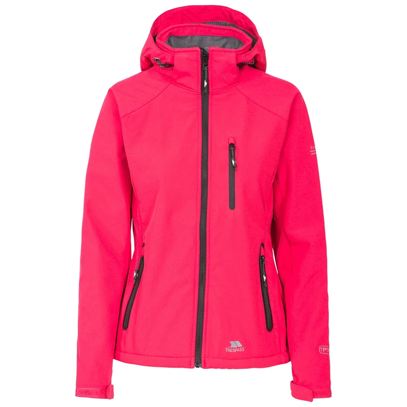 Trespass Womens Softshell Jacket Bela II - Waterproof: 8000mm, Breathable: 3000mvp, Windproof, 3 Low Profile Zip Pockets, Chin Guard, Contrast Zips, Adjustable Zip-Off Hood