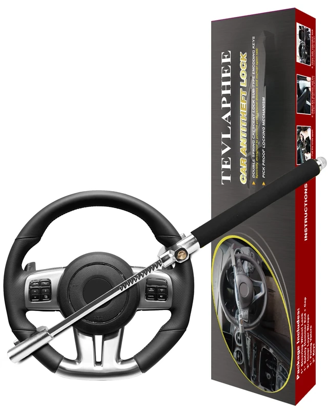Tevlaphee Steering Wheel Lock, Steering Lock, Car Anti-Theft Device, Adjustable, Universal Fit, Heavy Duty Secure, 3 Keys, Emergency Hammer Window Breaker(Black)