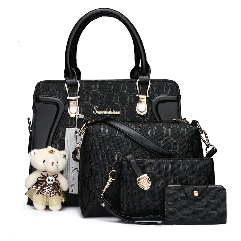 Soperwillton Women's Fashion Handbags Tote Bags Shoulder Bag Top Handle Satchel Purse Set 4pcs, A-black, L