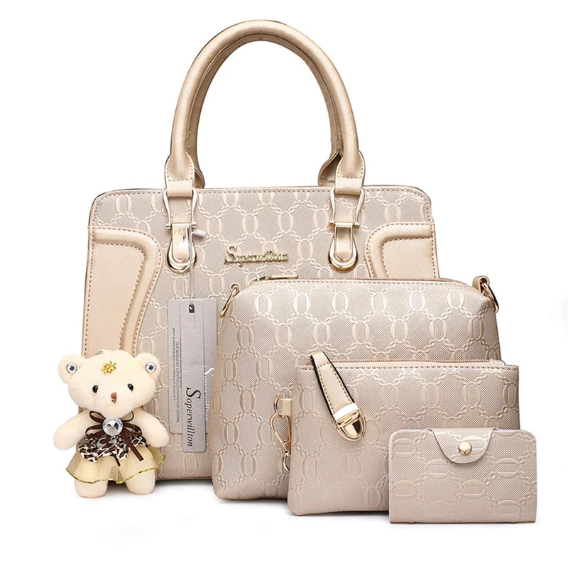 Soperwillton Women's Fashion Handbags Tote Bags Shoulder Bag Top Handle Satchel Purse Set 4pcs, B-gold, L
