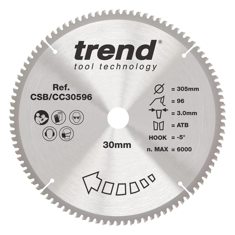 Trend Wood Mitre Saw Blade, 305mm Diameter, 30mm Bore, 96 Teeth, 3mm Kerf, -5° Hook, TCT, Extra-Fine Finish, CSB/CC30596