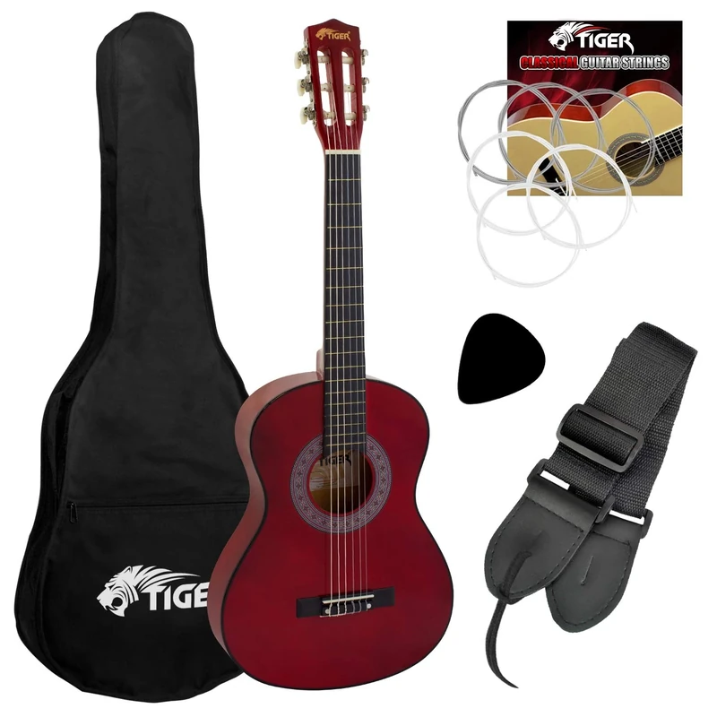 TIGER CLG5-RD | 1/4 Size Classical Guitar Pack | Red | Now with 6 Months Free Lessons Included