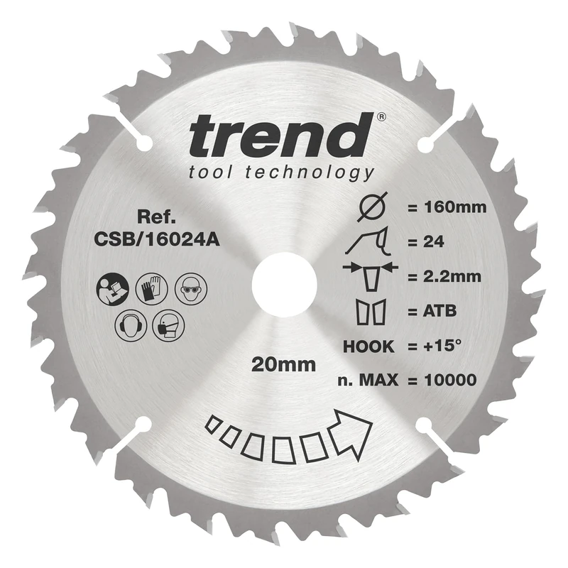 Trend Wood Circular Saw Blade, 160mm Diameter, 20mm Bore, 24 Teeth, 2.2mm Kerf, +15° Hook, TCT, Medium Finish, CSB/16024A