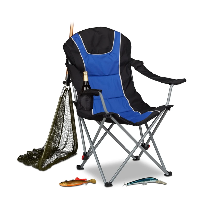 Relaxdays Foldable Camping Chair, Padded Adjustable Backrest, Folding Fishing Seat, 108 x 90 x 72 cm, Blue-Black