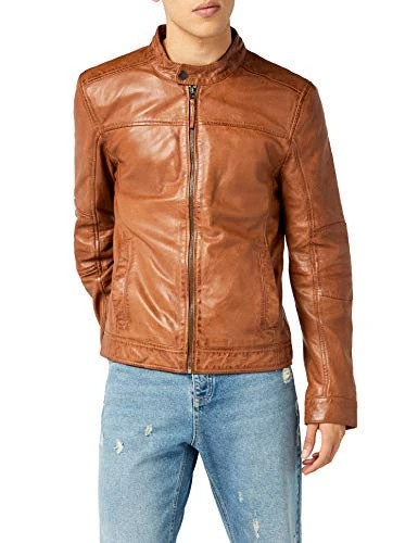 Kings on Earth Men's Leather Biker Jacket, Slim Fit, Brown (Cognac Cog), XX-Large