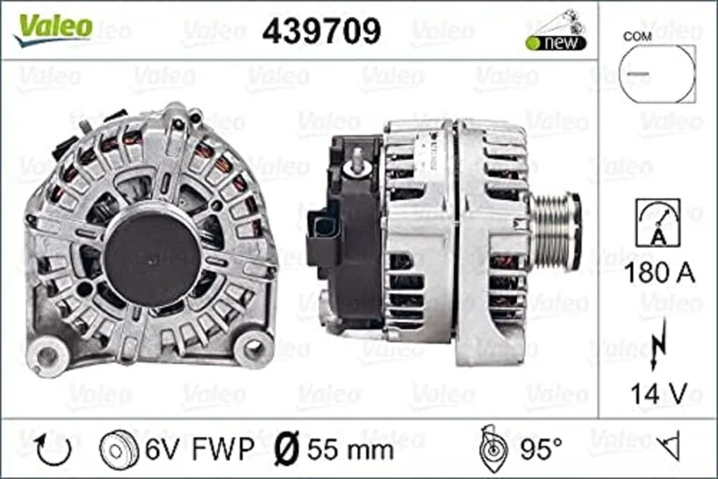 VALEO 439709 Alternator Alternator Charge current: 180 Amp Grooves: 6 grooves Pulley diameter: 55 mm Voltage: 14 V Rotation direction: CLOCKWISE