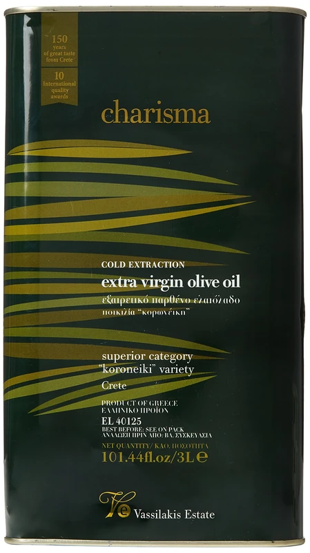 Vassilakis Estate Charisma – Greek Extra Virgin Olive Oil from Crete – 3L Tin – Cold Pressed Koroneiki Olives – Low Acidity < 0.4% – Premium EVOO