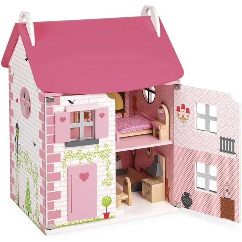 Janod - Mademoiselle Wooden Dollhouse - 3 Floors and 11 Accessories Included - Imitation Toy - Develop Imagination - from 3 Years Old, J06581, Pink