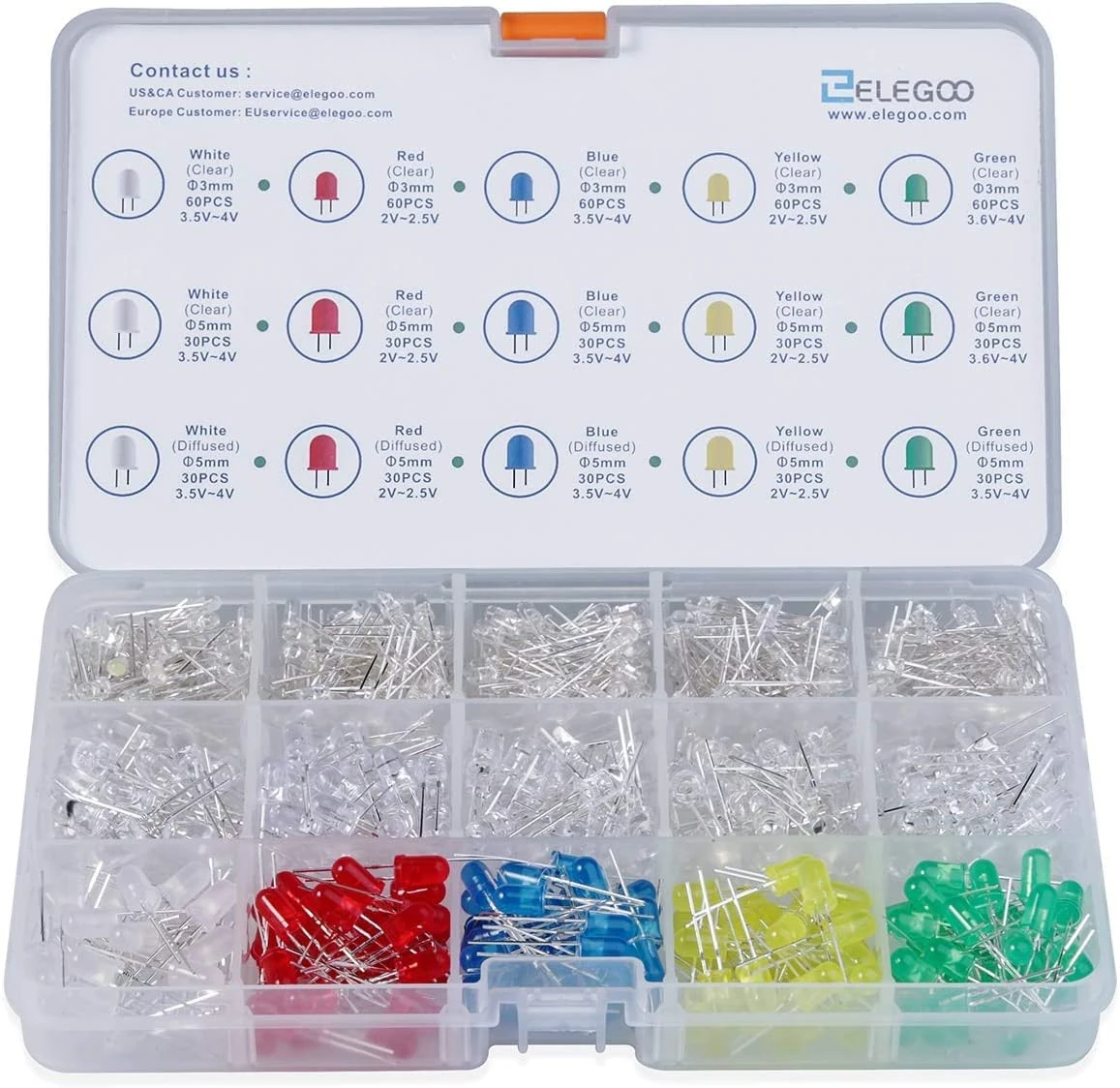 ELEGOO 600pcs Assorted LED Diodes Kit 3mm & 5mm, Diffused and Clear Round LED Bulb Lamp Components in 5 Colors (Red, Blue, Yellow, Green, White) for Arduino and Electronics DIY