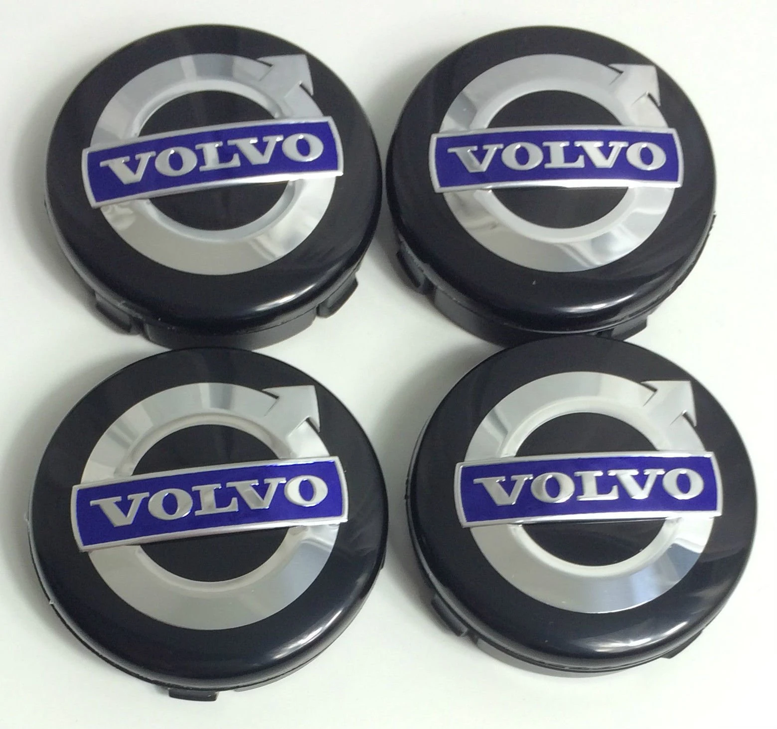 4 x Volvo alloy wheels, centre hub caps, 64 mm, black / blue, C70, S60, V60, V70, S80, XC90