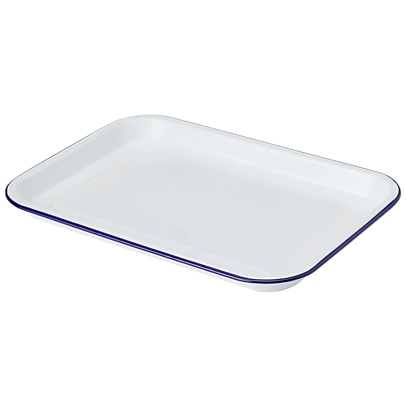 Enamel Serving Tray White with Blue Rim 33.5 x 23.5cm - Set of 4 - Oven Serving Tray, Rectangular Platter