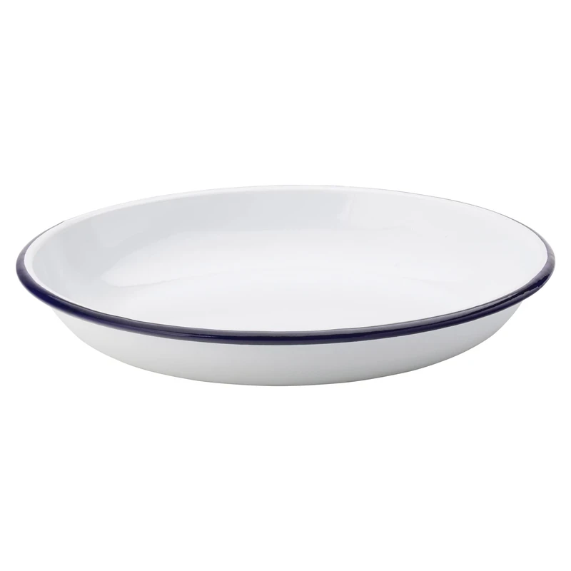 Utopia Eagle Enamel Deep Plates 8.5" / 22cm - Set of 6 - White Enamel Oval Plates with Blue Rim