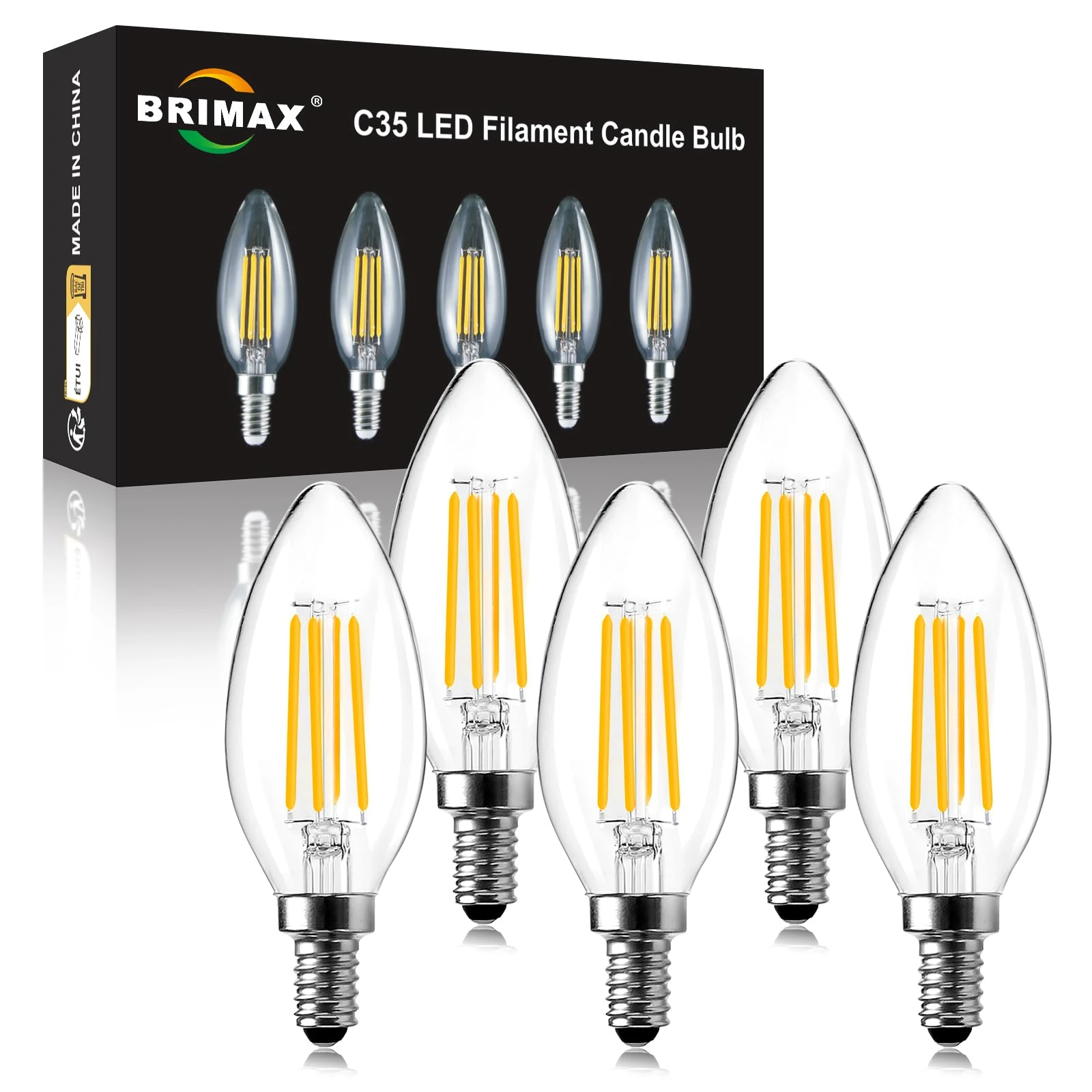BRIMAX E14 LED Candle Bulbs Dimmable 4W, 40W Equivalent, Soft Warm White 2700K, 400lm, Small Edison Screw SES Chandelier Bulbs, C35 Vintage Filament Energy Saving Candelabra Bulb, 5Pack