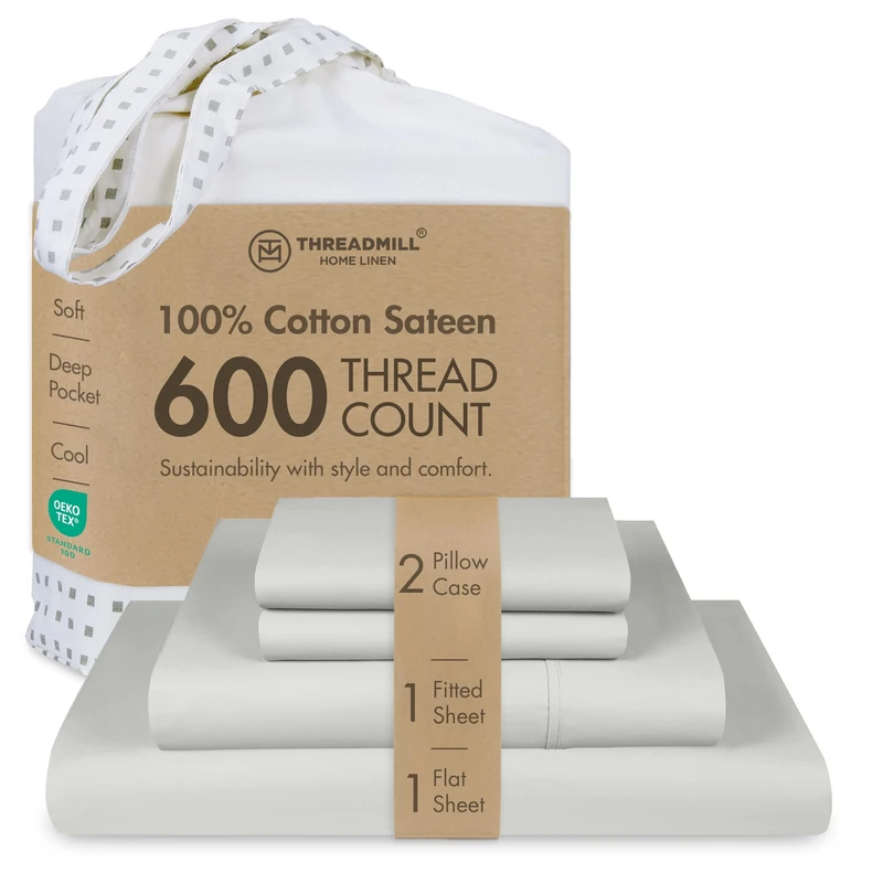 Threadmill Home Linen 600 Thread Count King Size Sheets Set - 100% Extra-Long Staple Cotton Sheets for King Size Bed, Luxury 4 Piece Set with Deep Pocket, Smooth Solid Sateen Weave, Silver