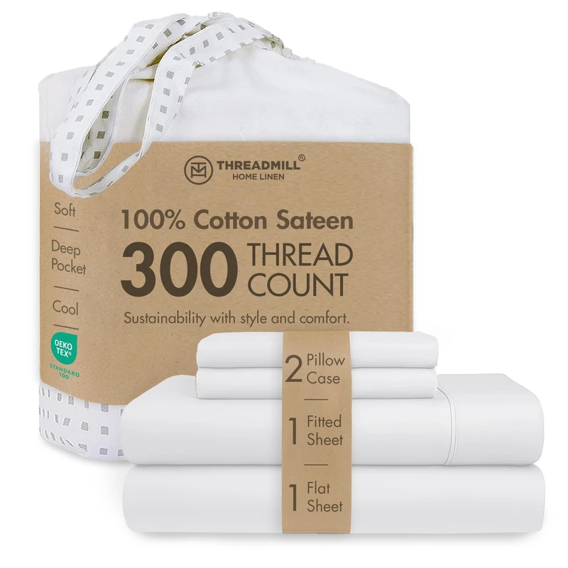 Threadmill Home Linen Queen Sheets - Pure Long Staple Cotton Sateen Weave, 4 Piece 300 Thread Count Bedding Set, Solid Hotel White Sheets with Elasticized Deep Pocket - Image 1