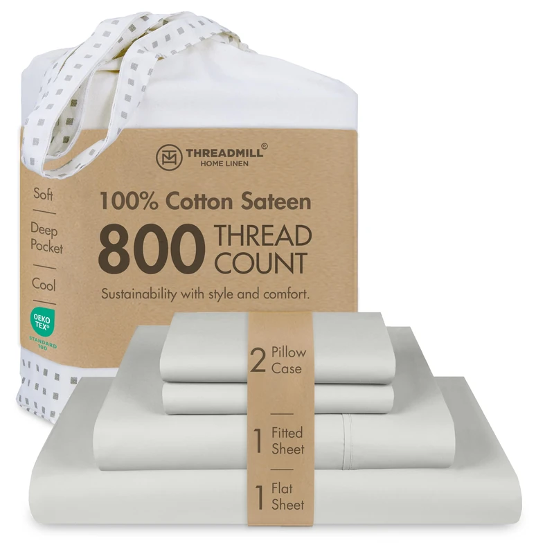 Threadmill True Color 800 Thread Count 100% Cotton California King Size Sheet Set Sateen Weave Light Grey 16 inch Deep Pocket 4pc Bed Sheets Set