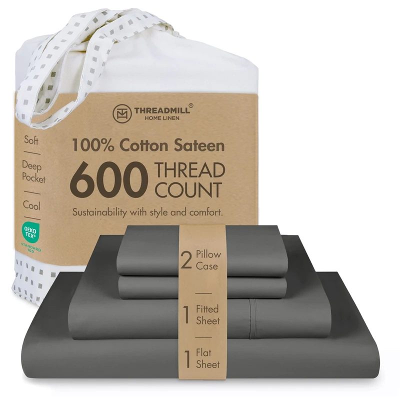 Threadmill Home Linen Full-Size Sheets - 100% Pure Cotton 600 Thread Count, 4 Piece Sateen Weave Dark Grey Sheet Set, Cooling ELS Combed Cotton, Solid Sheets with Elasticized Deep Pocket