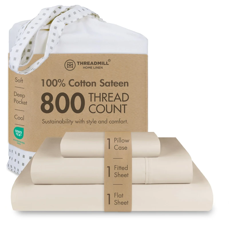 Threadmill 800TC Cotton Twin Sheet Set, Sateen, Solid, Light Beige, 3-Piece