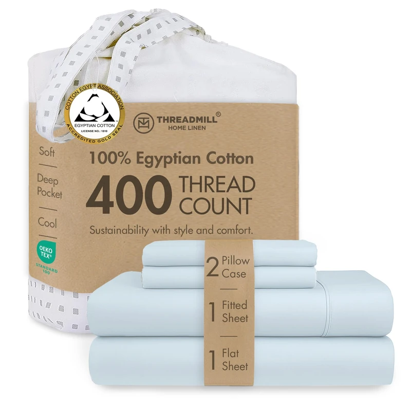 Certified 100% Egyptian Cotton 400 Thread Count, Queen Sheets, 4 Piece Sateen Weave Blue Bed Set, Solid Bedsheets with Elasticized Deep Pocket - by Threadmill Home Linen