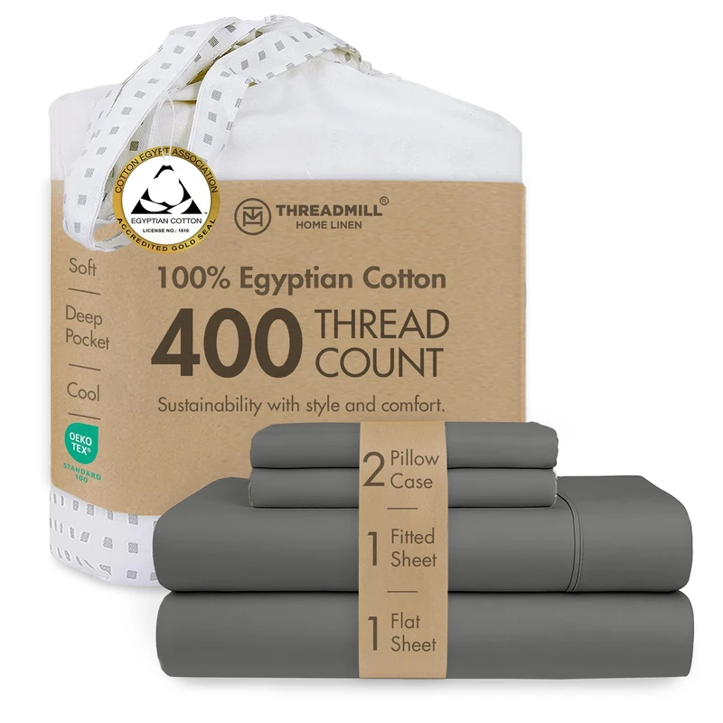 Threadmill Home Linen King Sheets - Certified 100% Egyptian Cotton 4 Piece Solid Bed Set, 400 Thread Count Sateen Weave, ELS Combed Cotton, Comfortable Dark Grey Sheets with Elasticized Deep Pocket