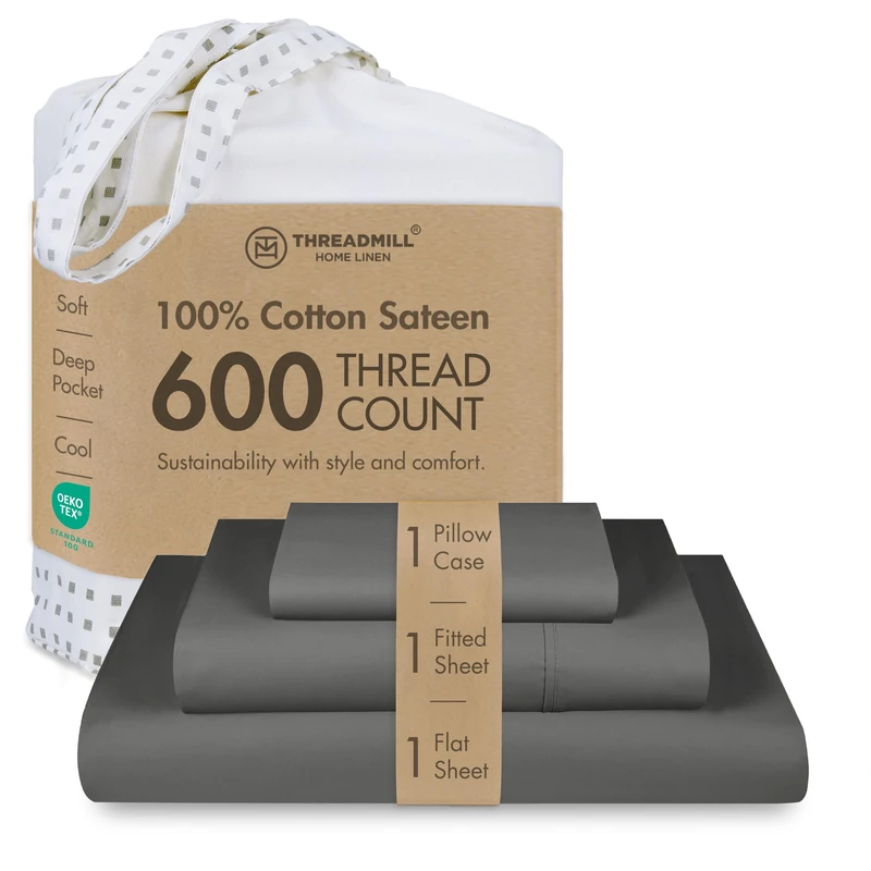 Threadmill Home Linen Twin-XL Bedding Bed Sheets - 100% Natural Cotton 600 Thread Count, 3 Piece Sateen Weave Dark Grey Sheet Set, Comfy ELS Combed Cotton, Solid Bedsheets with Elasticized Deep Pocket