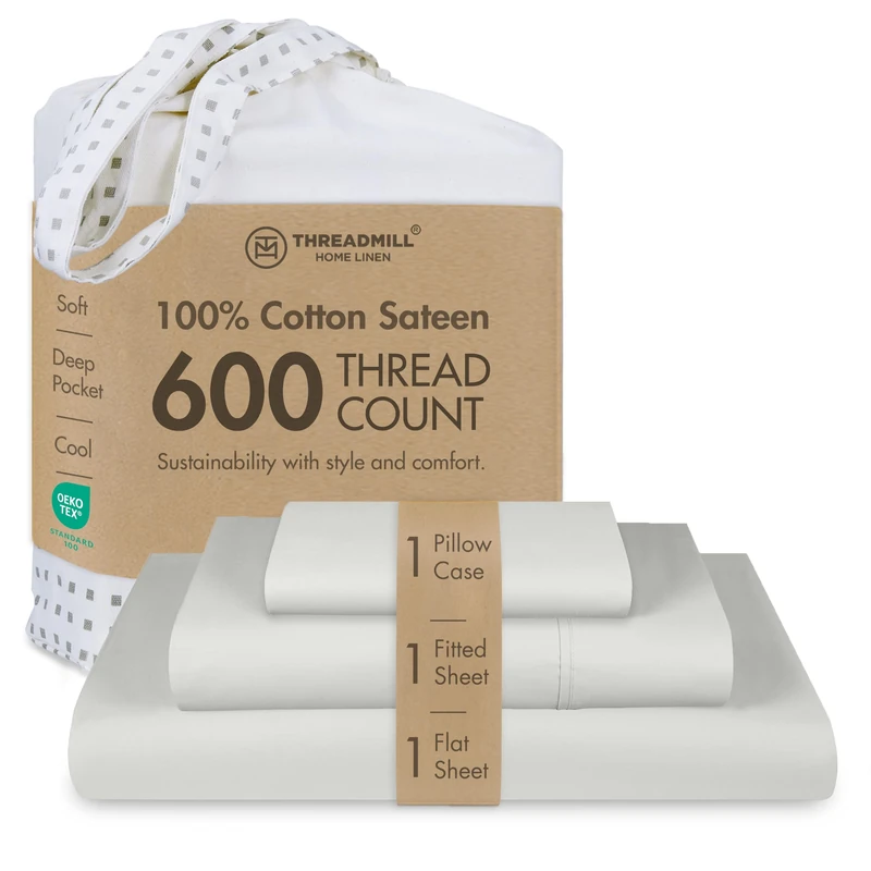 Threadmill 600 Thread Count Cotton Twin XL Sheet Set, Sateen, Light Grey