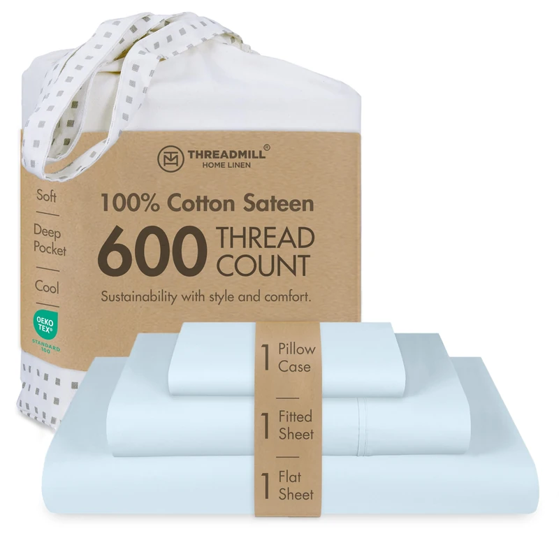 Threadmill Home Linen Twin-XL Bedding Sheets - 100% Natural Cotton 600 Thread Count, 3 Piece Sateen Weave Light Blue Sheet Set, Comfy ELS Combed Cotton, Solid Bedsheets with Elasticized Deep Pocket