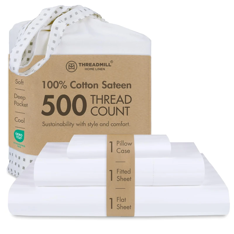 Threadmill 500 Thread Count Twin Size Damask Stripe, 3 Pc Luxury Cotton Bedding Set, Breathable & Soft Stripe Hotel White Sheets with 15" Elasticized Deep Pocket, 1 Pillowcase & Free Tote Bag