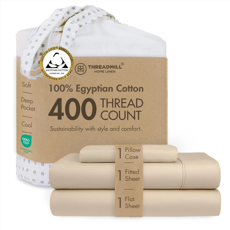Threadmill Home Linen 400 Thread Count 100% Extra-Long Staple Cotton Sheet Set,Twin Sheets, Luxury Bedding, Twin Sheets 3 Piece Set,Smooth Sateen Weave,Beige