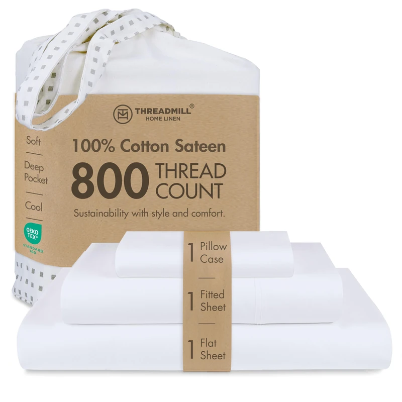 800 Thread Count Sateen Bedding Set 100% Cotton 4 Piece Bedding Set Solid Sheets Sateen Weave King Size White Threadmill Home Linen.