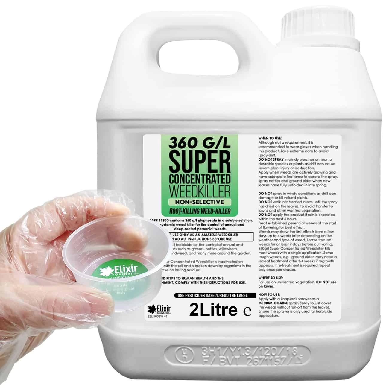 Elixir Gardens 360 g/l Glyphosate Commercial Industrial Strength Weed Killer | Treats up to 3332 sq.m | Concentrated Herbicide/Weedkiller | 2 x 1 Litre Bottle + Measuring Cup & Gloves
