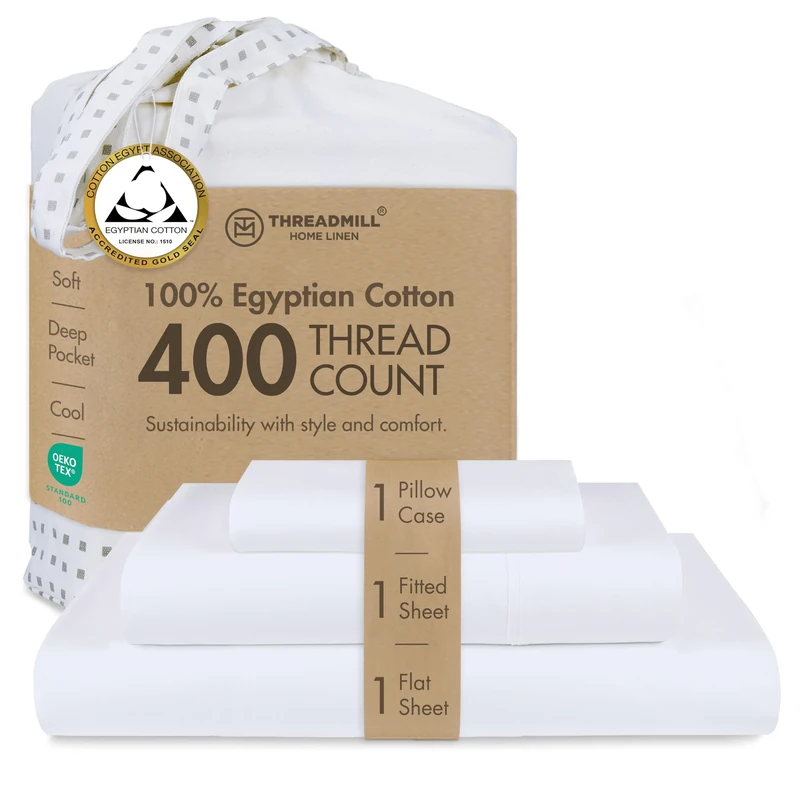 Threadmill Home Linen Certified 100% Egyptian Cotton Twin Bed Sheets, 400 Thread Count Sateen Weave,3 Piece Solid Sheet Set, Hotel White Sheets with Elasticized Deep Pocket