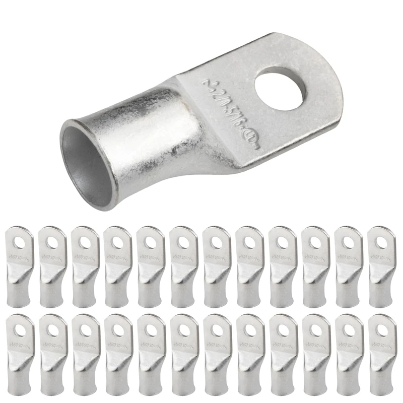 SELTERM 2/0 AWG (70 mm²) - 5/16" (M8) ⌀ Hole UL Marine Grade Wire Lugs, Battery Cable Ends, Tinned Copper Eyelets, Tubular Ring Terminal Connectors [B78] - 25 Pack
