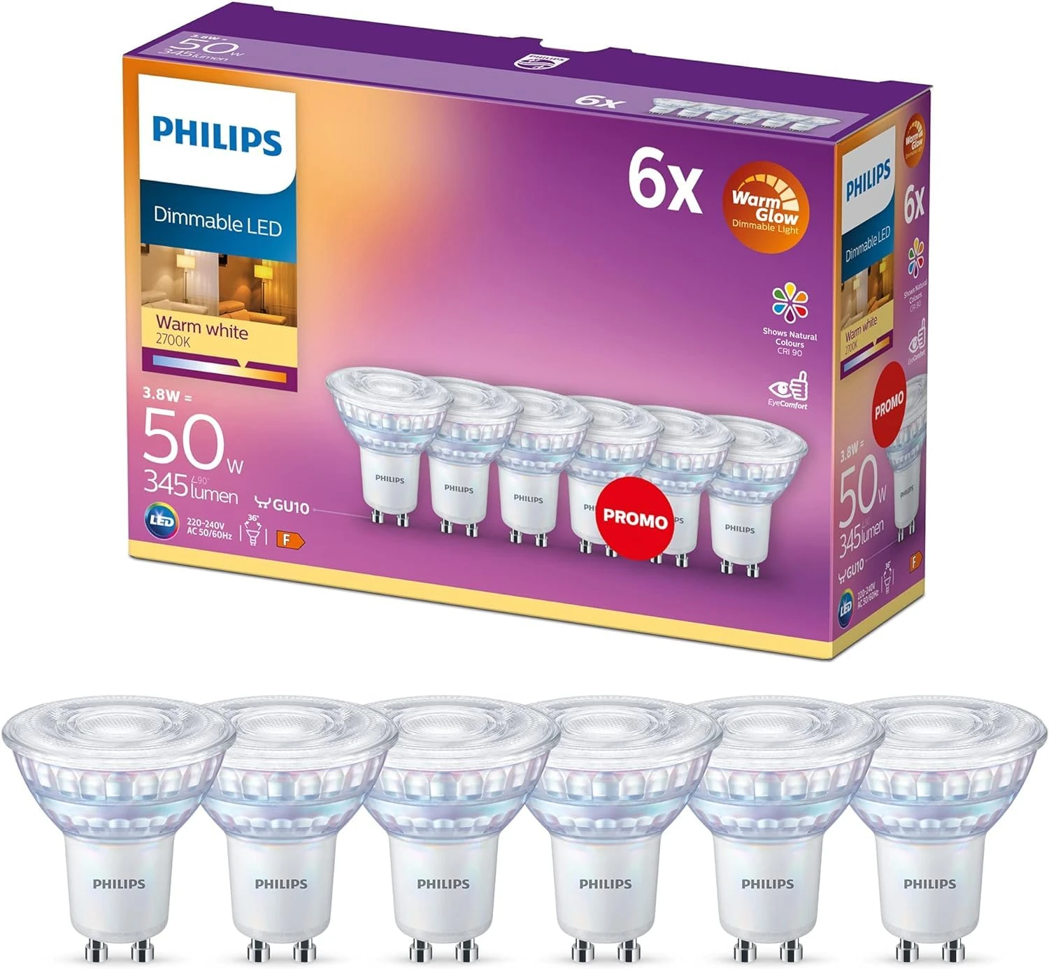 Philips WarmGlow 6 Pack Dimmable [GU10 Spot] LED Light Bulbs, 3.8 W - 50W Equivalent, 2700-2200K. for Relaxed Home Lighting, Standard Warm White