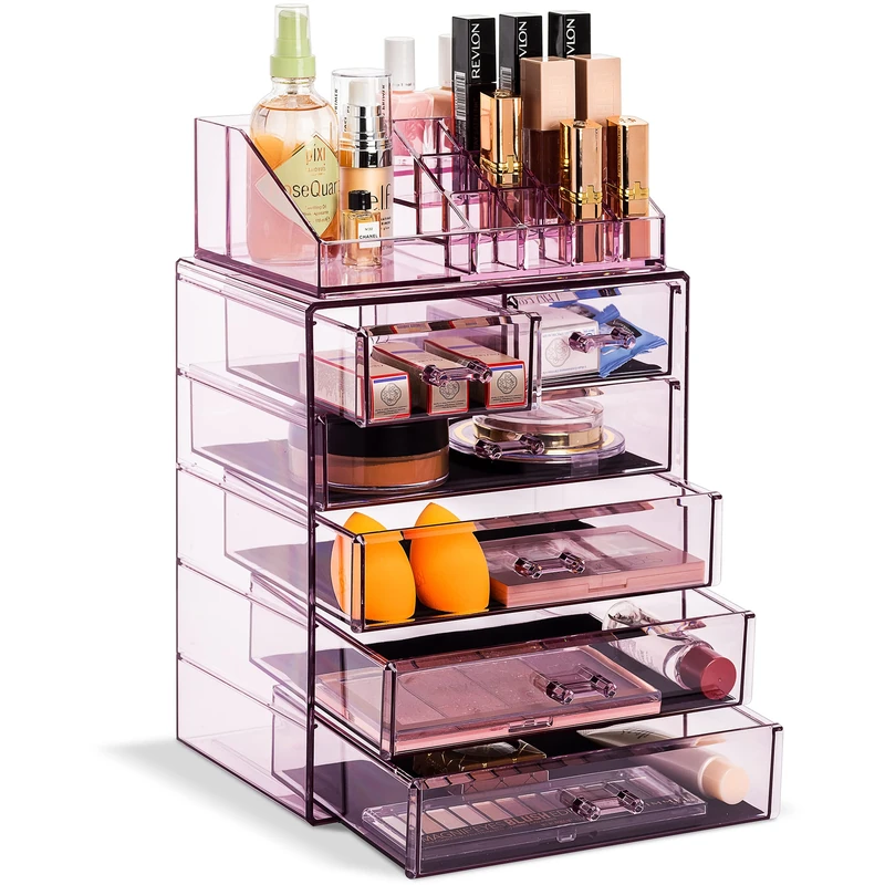 Sorbus Clear Cosmetic Makeup Organizer - Make Up & Jewelry Storage, Case & Display - Spacious Design - Great Holder for Dresser, Bathroom, Vanity & Countertop (3 Large, 4 Small Drawers) [Purple] - Image 1