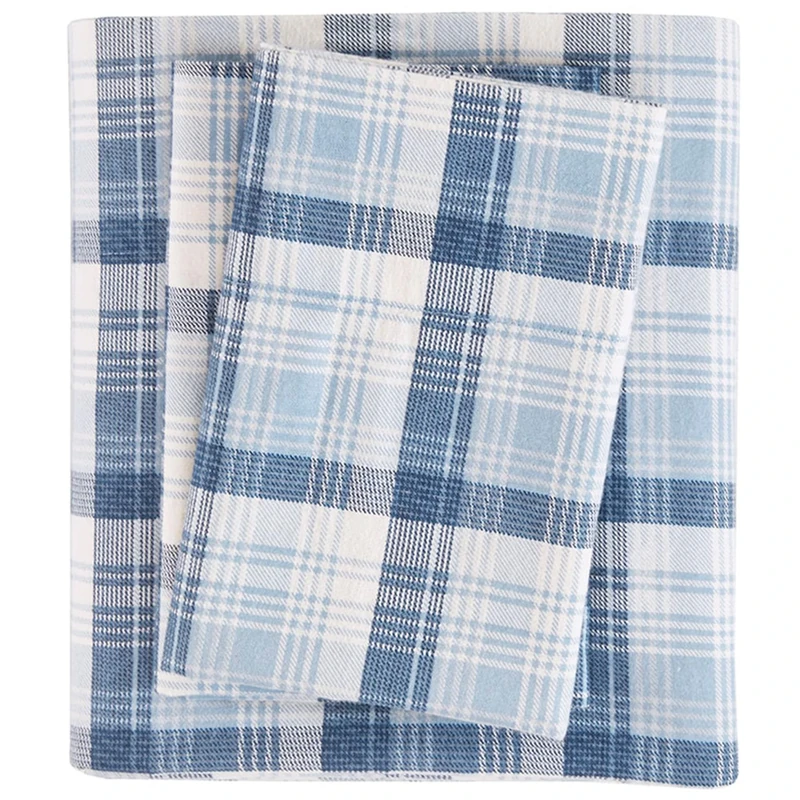 Woolrich Flannel 100% Cotton Sheet Set Warm Soft Bed Sheets with 14" Elastic Pocket, Cabin Lifestyle, Cold Season Cozy Bedding Set, Matching Pillow Case, Cal King, Blue Plaid, 4 Piece