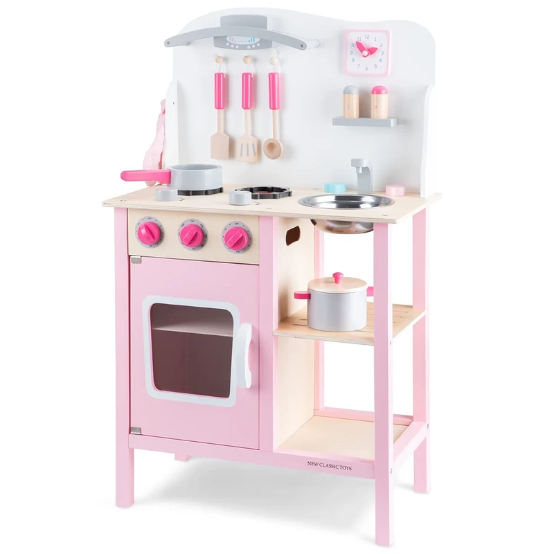 New Classic Toys 11054 Wooden Pretend Toy Kitchen for Kids Role Play Included Accessoires-Pink