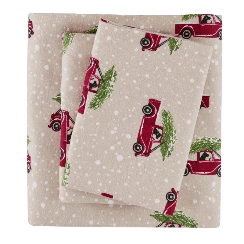 WOOLRICH Cotton Sheet Set Cottage Charms Print, 100% Cotton Flannel Sheets Warm & Fuzzy Bedding Set Full Size Sheets, Fitted Pocket Fits Up to 12" Mattress, Full Tan Cars, 4 Piece