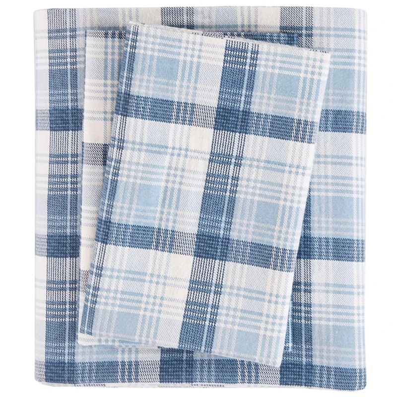 Woolrich with 14" Elastic Pocket Cabin Lifestyle, Cold Season Cozy Bedding Set, Matching Pillow Case, Cotton, Blue Plaid, Queen