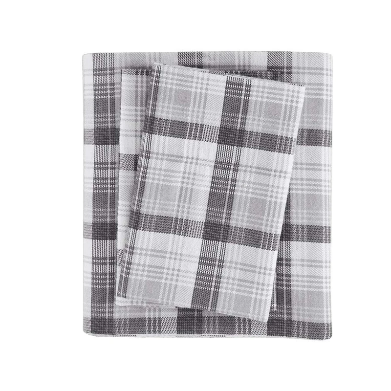WOOLRICH Flannel 100% Cotton Sheet Set Warm Soft Bed Sheets with 14" Elastic Pocket, Cabin Lifestyle, Cold Season Cozy Bedding Set, Matching Pillow Case, Queen, Grey Plaid, 4 Piece