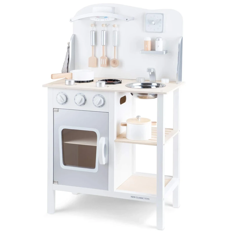 New Classic Toys 11053 Wooden Pretend Toy Kitchen for Kids Role Play Included Accessoires, White/Silver, White/Silver