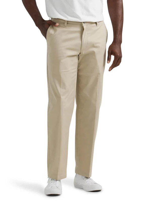 Lee Men's Total Freedom Stretch Relaxed Fit Flat Front Pant, Sand, 34W x 32L