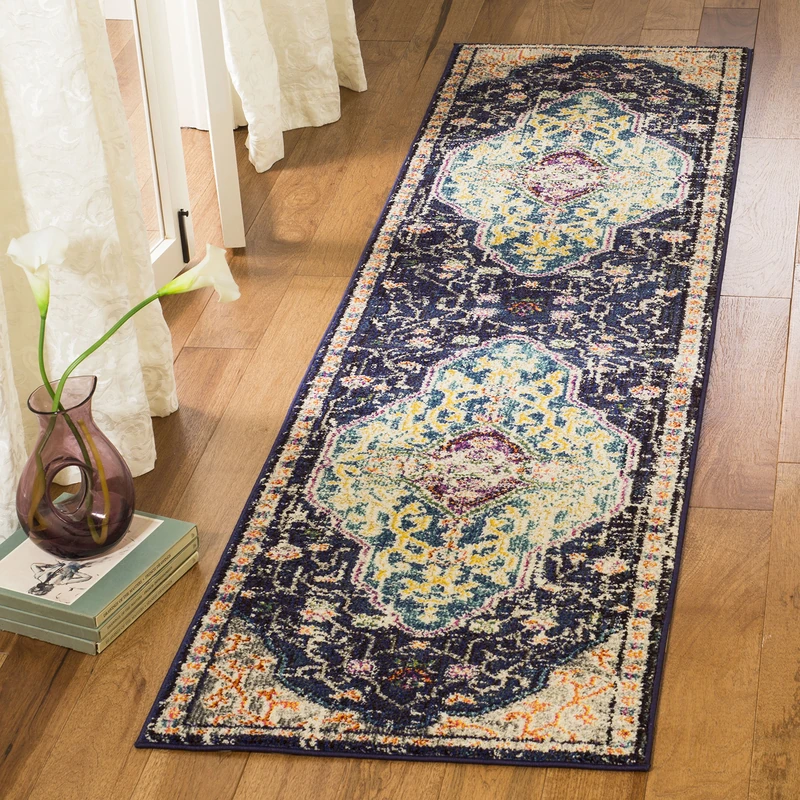 Safavieh Boho Chic Indoor Woven Runner Area Rug, Monaco Collection, MNC249, in Black / Blue, 66 X 244 cm for Living Room, Bedroom or Any Indoor Space