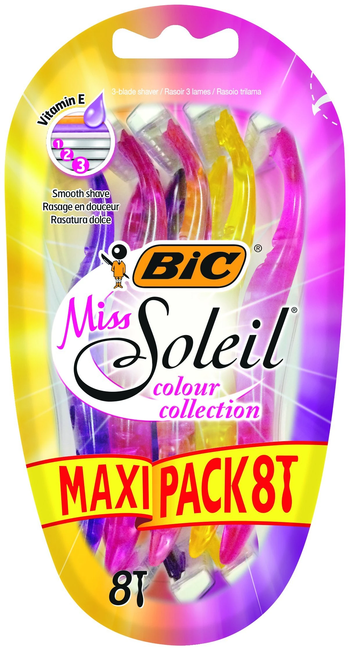 BIC Miss Soleil Colour Collection, Triple Blade Razor for Women, Great Grip and Control, With Flower Designed Handles, Pack of 8