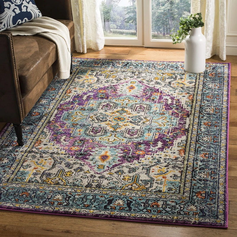 Safavieh Boho Chic Indoor Woven Rectangle Area Rug, Monaco Collection, MNC251, in Violet / Light Blue, 122 X 170 cm for Living Room, Bedroom or Any Indoor Space