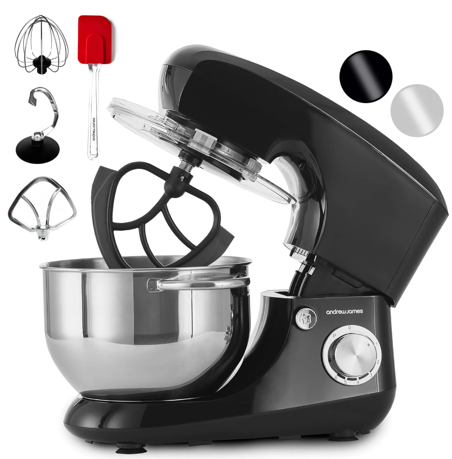 Andrew James Stand Mixer for Baking Food Mixer, 1300W Max, Large 5.5 Litre Bowl 6 Speed Pulse Mode, Kitchen Electric Mixer with Bowl, Flexi-Beater Dough Hook Balloon Whisk Removable Splash Guard