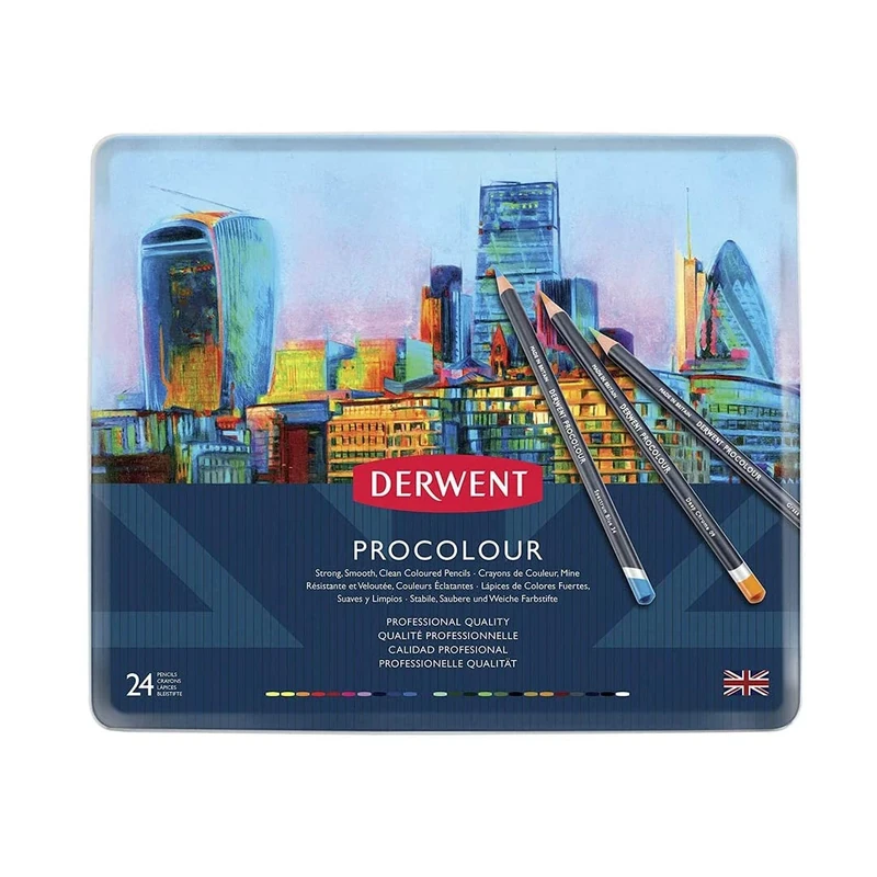 Derwent Procolour Pencils Set Of 24 In Tin, 4mm Round Core, Premium Core Strength, Smooth Texture, Ideal For Fine Art Drawing & Colouring, Professional Quality, 2302506